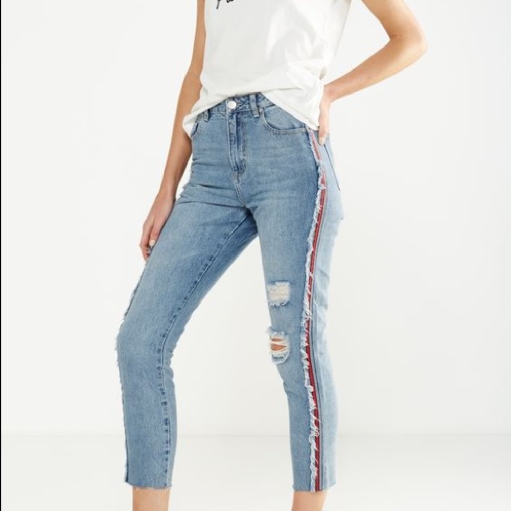 High rise racing stripe ripped jeans